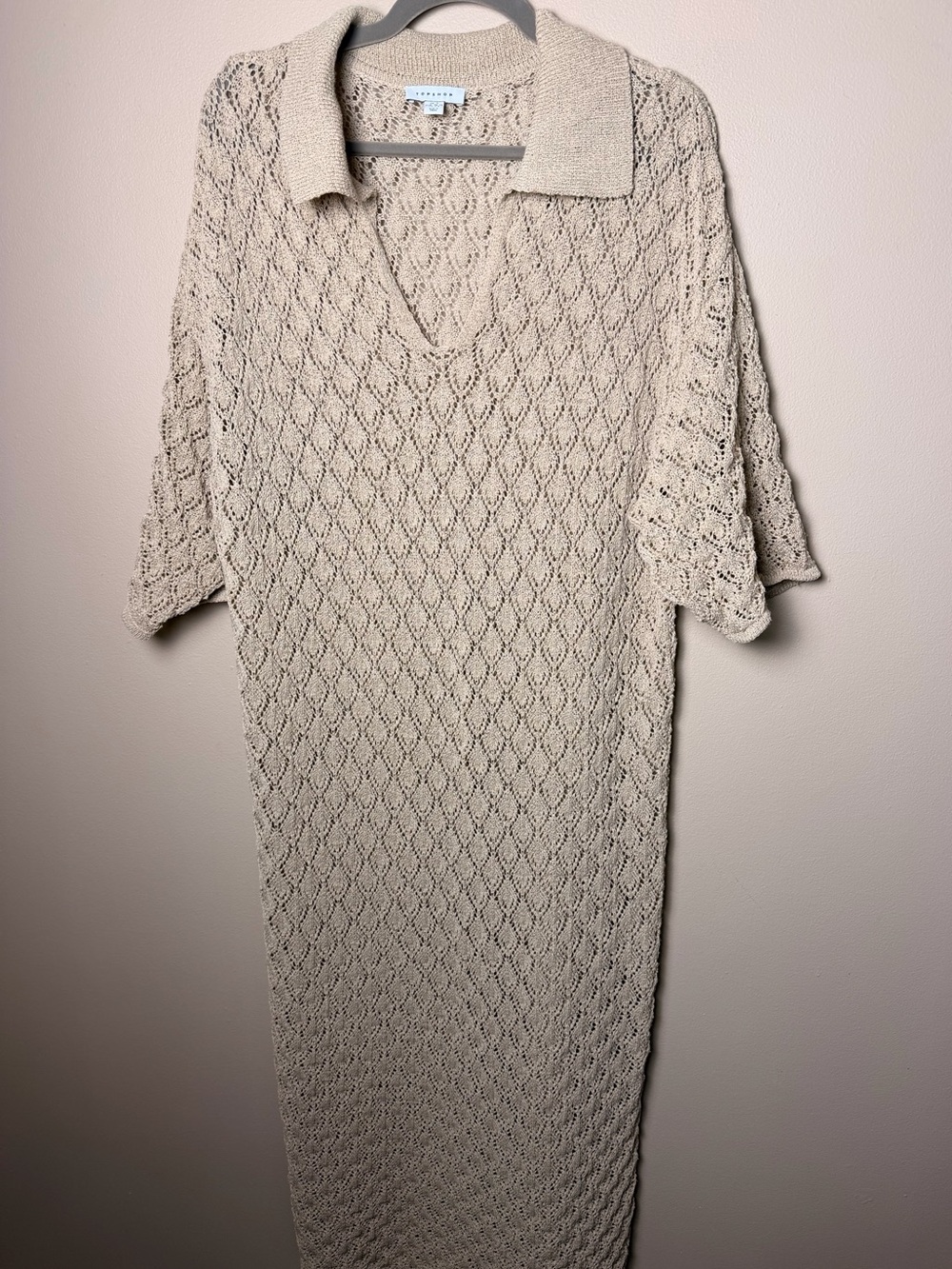 Topshop Pointelle Stitch Polo Sweater Dress Beige Beach Cover Up Maxi Size S - Picture 3 of 10